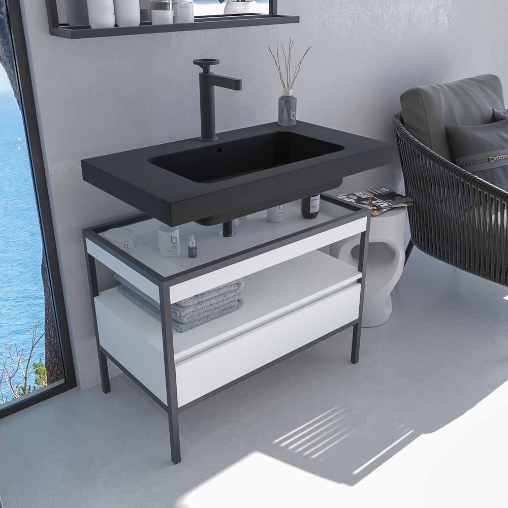 Mueble de baño INDEX estructura con patas 1 cajón lavabo suspendido BLANCO-NEGRO - Imagen 3