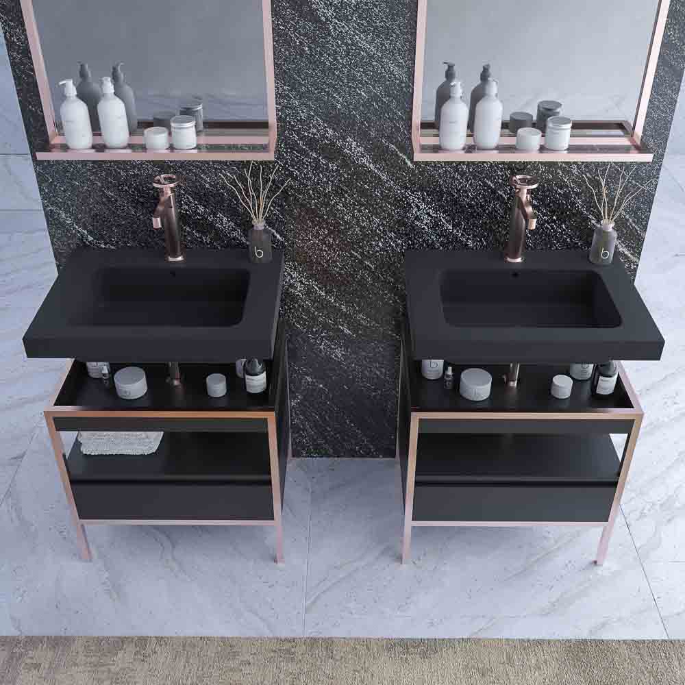 Mueble de baño INDEX estructura con patas 1 cajón lavabo suspendido NEGRO-ORO ROSA - Imagen 5