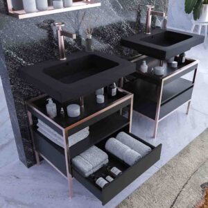 Mueble de baño INDEX estructura con patas 1 cajón lavabo suspendido NEGRO-ORO ROSA
