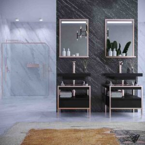 Mueble de baño INDEX estructura con patas 1 cajón lavabo suspendido NEGRO-ORO ROSA