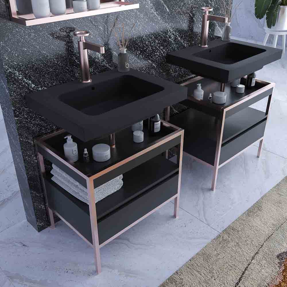 Mueble de baño INDEX estructura con patas 1 cajón lavabo suspendido NEGRO-ORO ROSA - Imagen 2