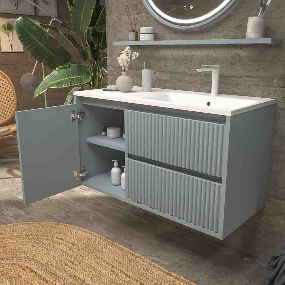 Mueble de baño suspendido 2 cajones / 1 puerta MILIA con lavabo Solid Surface GRIS PERLA - Imagen 5