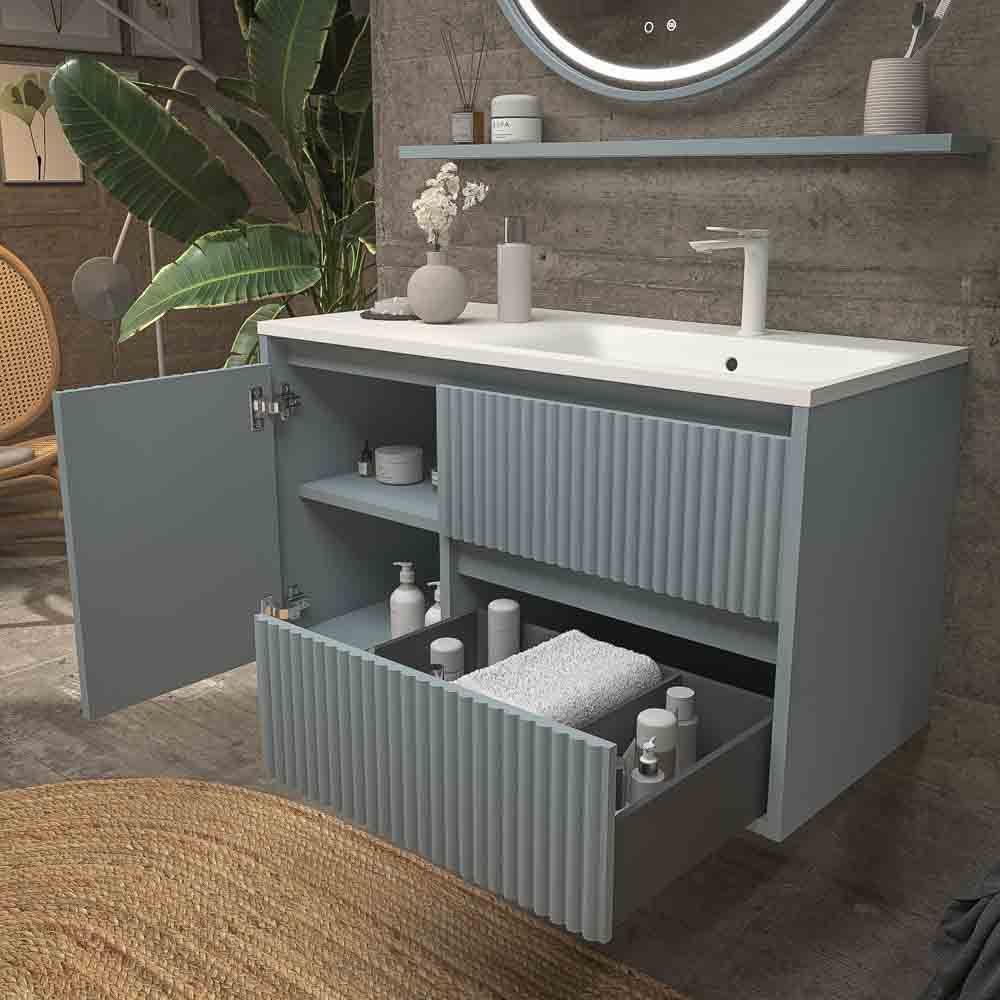 Mueble de baño suspendido 2 cajones / 1 puerta MILIA con lavabo Solid Surface GRIS PERLA - Imagen 4