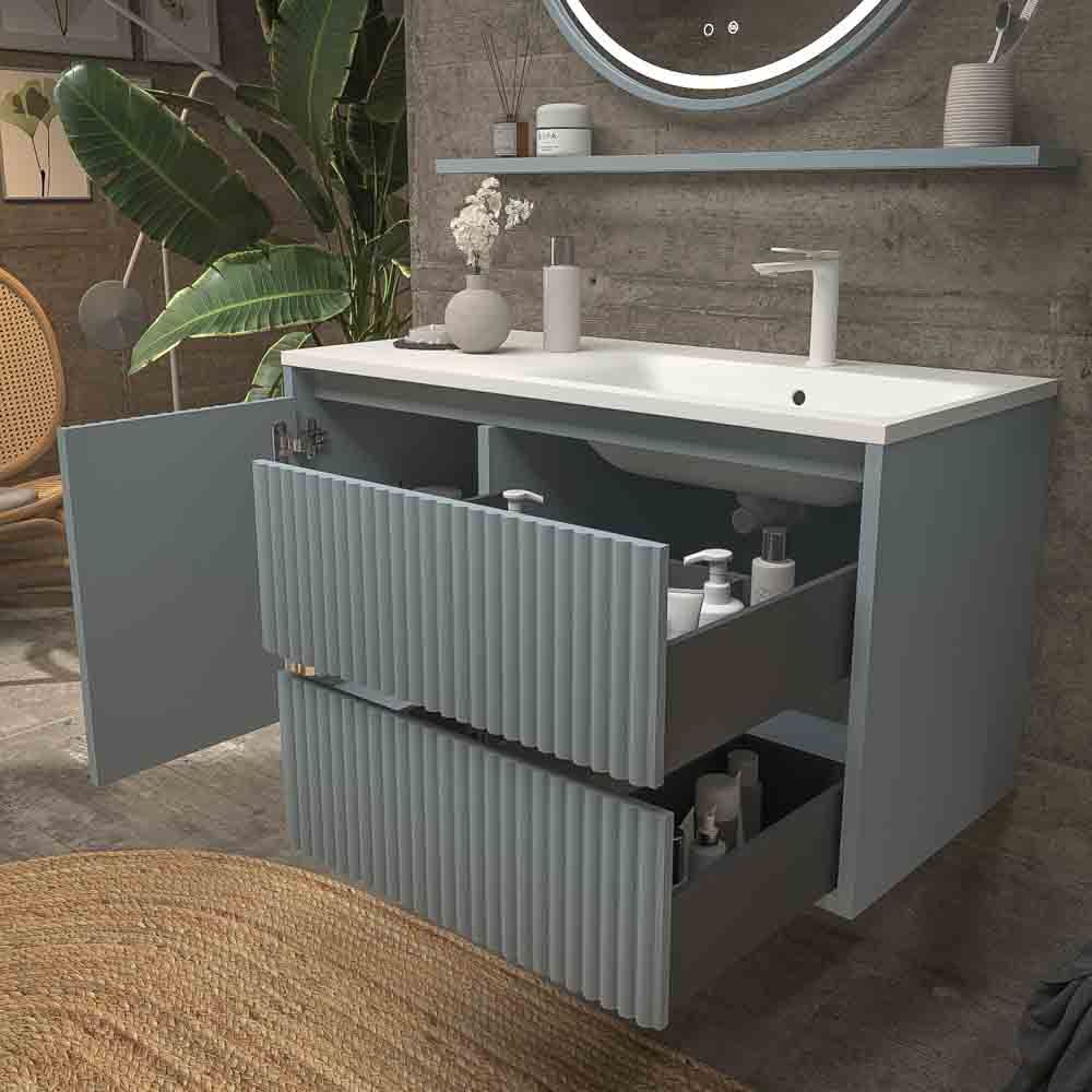 Mueble de baño suspendido 2 cajones / 1 puerta MILIA con lavabo Solid Surface GRIS PERLA - Imagen 3
