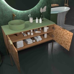 Mueble de baño OPERA con patas 2 puertas con encimera SOLID SURFACE 1 seno RAIZ OLMO