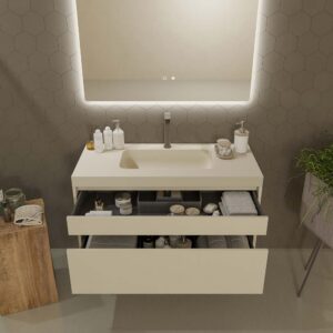 Mueble de baño suspendido 2 cajones PETRA con lavabo resina acabado CREMA