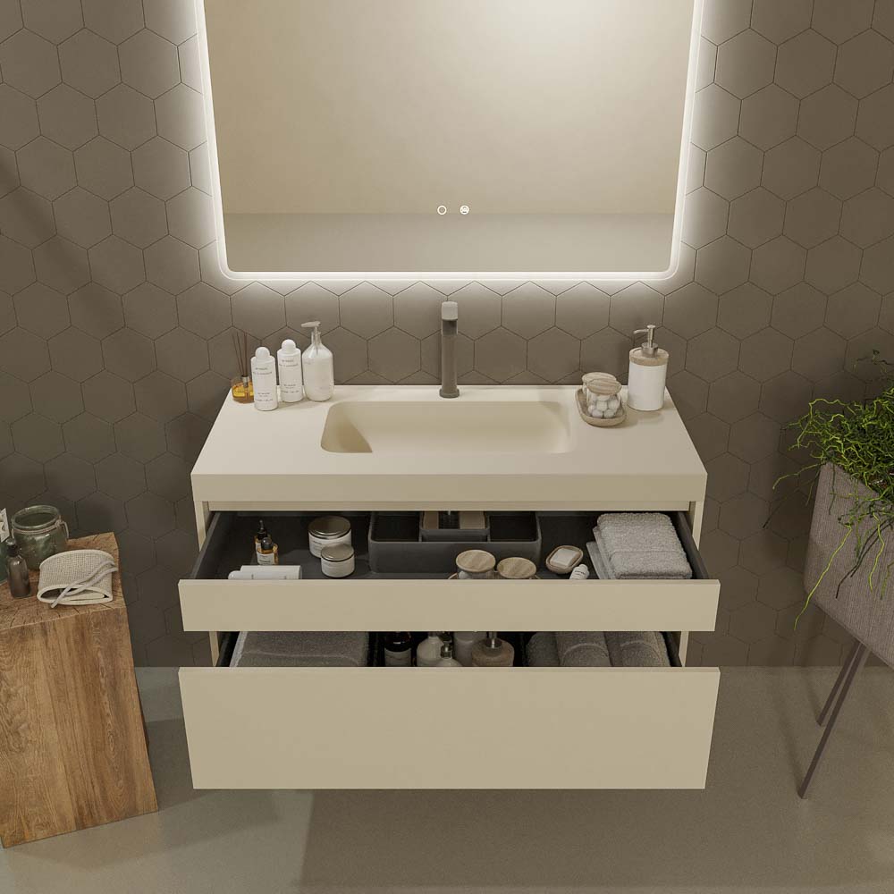 Mueble de baño suspendido 2 cajones PETRA con lavabo resina acabado CREMA - Imagen 3