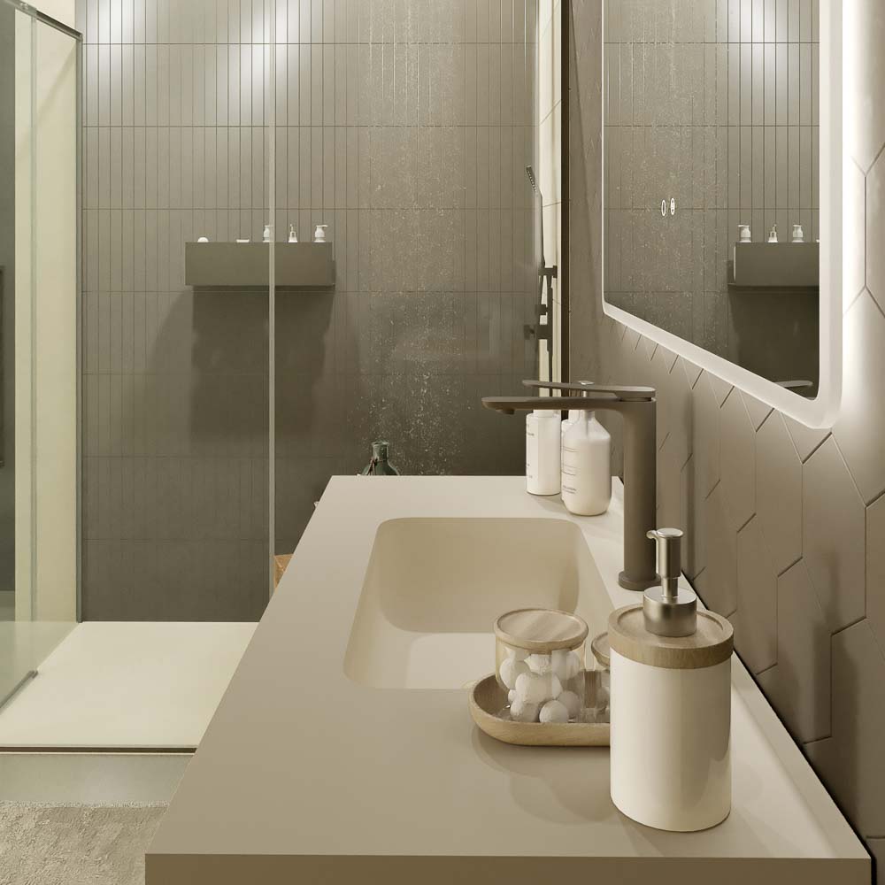 Mueble de baño suspendido 2 cajones PETRA con lavabo resina acabado CREMA - Imagen 2