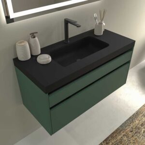 Mueble de baño suspendido 2 cajones PETRA con lavabo resina acabado NEGRO mate