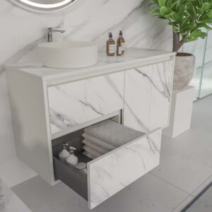 Mueble de baño suspendido 2 cajones/ 2 puertas UNICO con lavabo OSIRIS Solid Surface efecto mármol CALACATTA