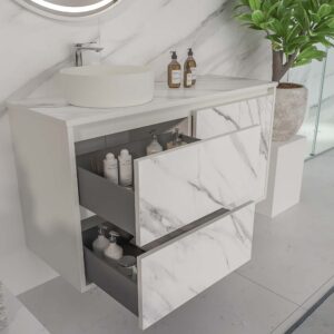 Mueble de baño suspendido 2 cajones/ 2 puertas UNICO con lavabo OSIRIS Solid Surface efecto mármol CALACATTA