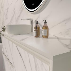 Mueble de baño suspendido 2 cajones/ 2 puertas UNICO con lavabo OSIRIS Solid Surface efecto mármol CALACATTA