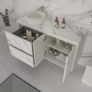 Mueble de baño suspendido 2 cajones/ 2 puertas UNICO con lavabo OSIRIS Solid Surface efecto mármol CALACATTA