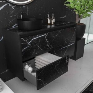 Mueble de baño suspendido 2 cajones/ 2 puertas UNICO con lavabo OSIRIS Solid Surface efecto mármol NEGRO MARQUINA