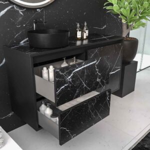 Mueble de baño suspendido 2 cajones/ 2 puertas UNICO con lavabo OSIRIS Solid Surface efecto mármol NEGRO MARQUINA