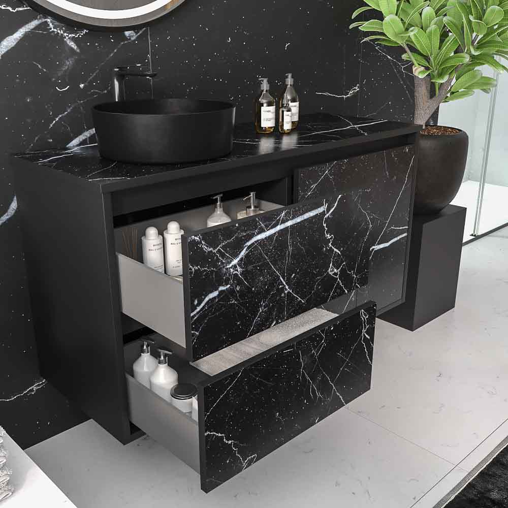 Mueble de baño suspendido 2 cajones/ 2 puertas UNICO con lavabo OSIRIS Solid Surface efecto mármol NEGRO MARQUINA - Imagen 4