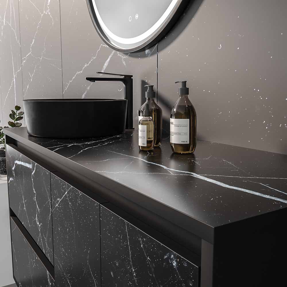Mueble de baño suspendido 2 cajones/ 2 puertas UNICO con lavabo OSIRIS Solid Surface efecto mármol NEGRO MARQUINA - Imagen 2
