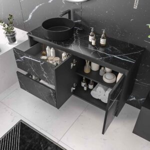 Mueble de baño suspendido 2 cajones/ 2 puertas UNICO con lavabo OSIRIS Solid Surface efecto mármol NEGRO MARQUINA