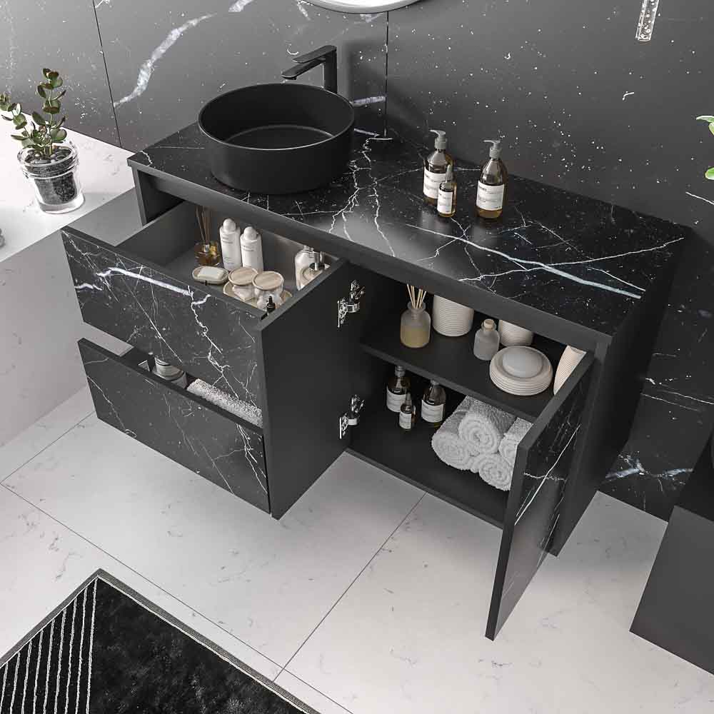Mueble de baño suspendido 2 cajones/ 2 puertas UNICO con lavabo OSIRIS Solid Surface efecto mármol NEGRO MARQUINA - Imagen 3