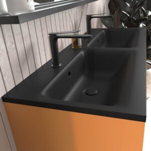 Mueble de baño con patas 2 cajones - 2 puertas SMILE con lavabo Solid Surface 2 senos AMARILLO AZAFRAN