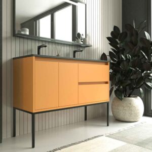 Mueble de baño con patas 2 cajones - 2 puertas SMILE con lavabo Solid Surface 2 senos AMARILLO AZAFRAN