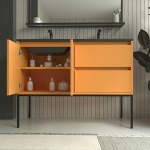 Mueble de baño con patas 2 cajones - 2 puertas SMILE con lavabo Solid Surface 2 senos AMARILLO AZAFRAN