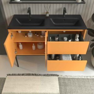 Mueble de baño con patas 2 cajones - 2 puertas SMILE con lavabo Solid Surface 2 senos AMARILLO AZAFRAN