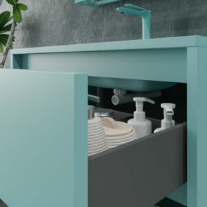 Mueble de baño con patas 2 cajones SMILE con lavabo Solid Surface AZUL TURQUESA