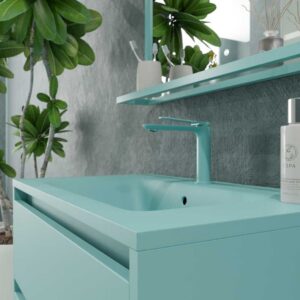 Mueble de baño con patas 2 cajones SMILE con lavabo Solid Surface AZUL TURQUESA