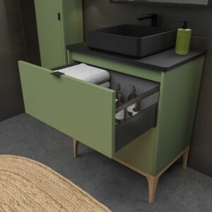 Mueble de baño VICENT con patas 2 cajones encimera Solid Surface con lavabo SATET