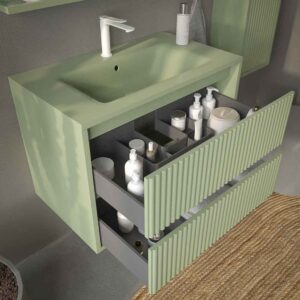 Mueble de baño suspendido 2 cajones MILIA con lavabo Solid Surface VERDE PALIDO
