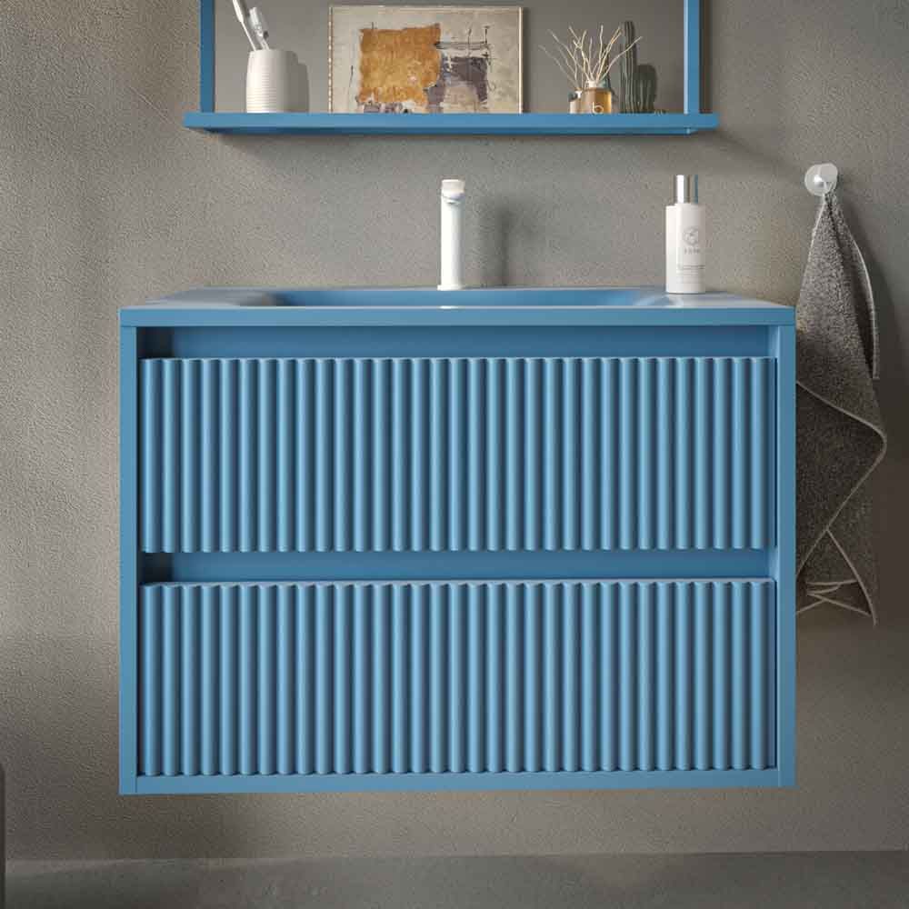 Mueble de baño suspendido 2 cajones MILIA con lavabo Solid Surface AZUL LEJANIA - Imagen 2