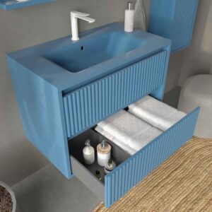 Mueble de baño suspendido 2 cajones MILIA con lavabo Solid Surface AZUL LEJANIA