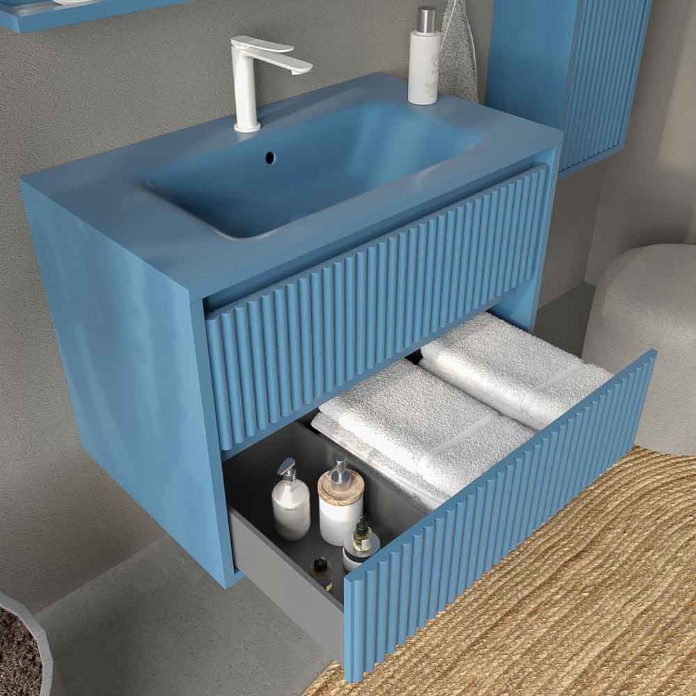 Mueble de baño suspendido 2 cajones MILIA con lavabo Solid Surface AZUL LEJANIA - Imagen 5