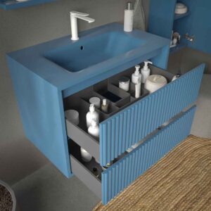 Mueble de baño suspendido 2 cajones MILIA con lavabo Solid Surface AZUL LEJANIA