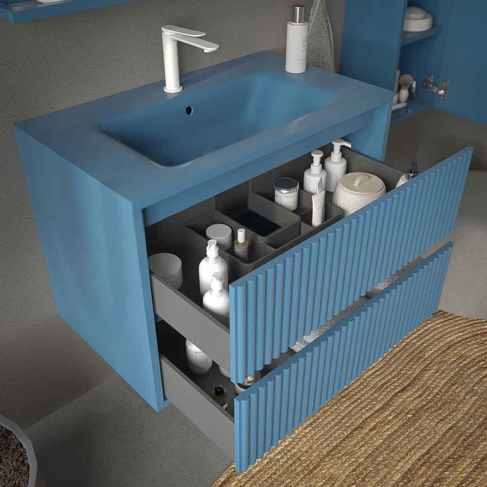 Mueble de baño suspendido 2 cajones MILIA con lavabo Solid Surface AZUL LEJANIA - Imagen 4