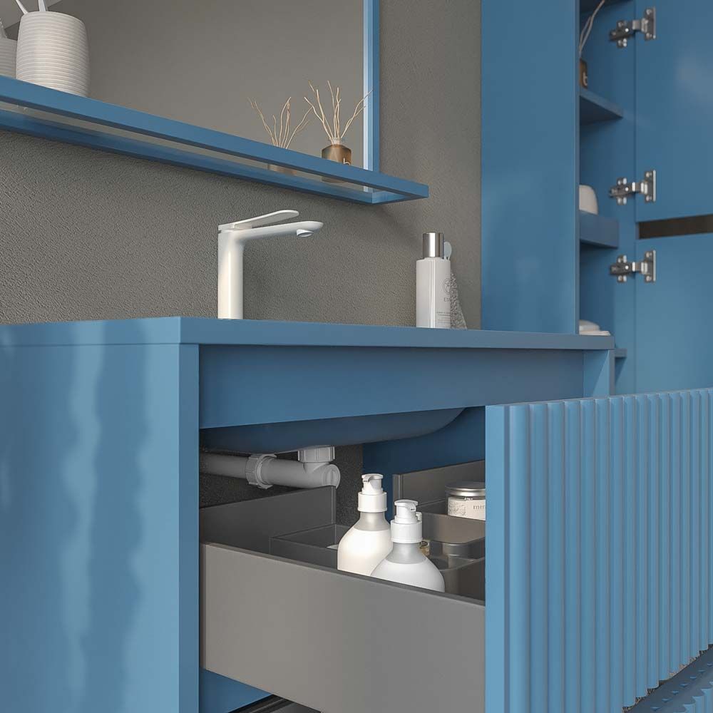 Mueble de baño suspendido 2 cajones MILIA con lavabo Solid Surface AZUL LEJANIA - Imagen 3