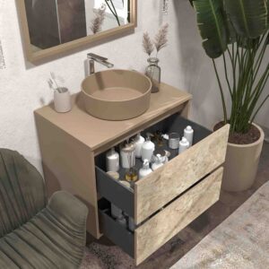 Mueble de baño suspendido 2 cajones UNICO con lavabo OSIRIS Solid Surface efecto mármol