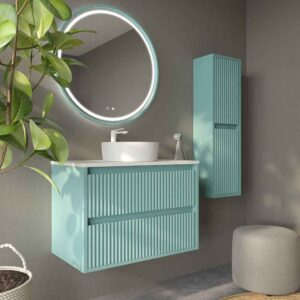 Mueble de baño suspendido 2 cajones MILIA con lavabo Solid Surface VERDE LUMINOSO
