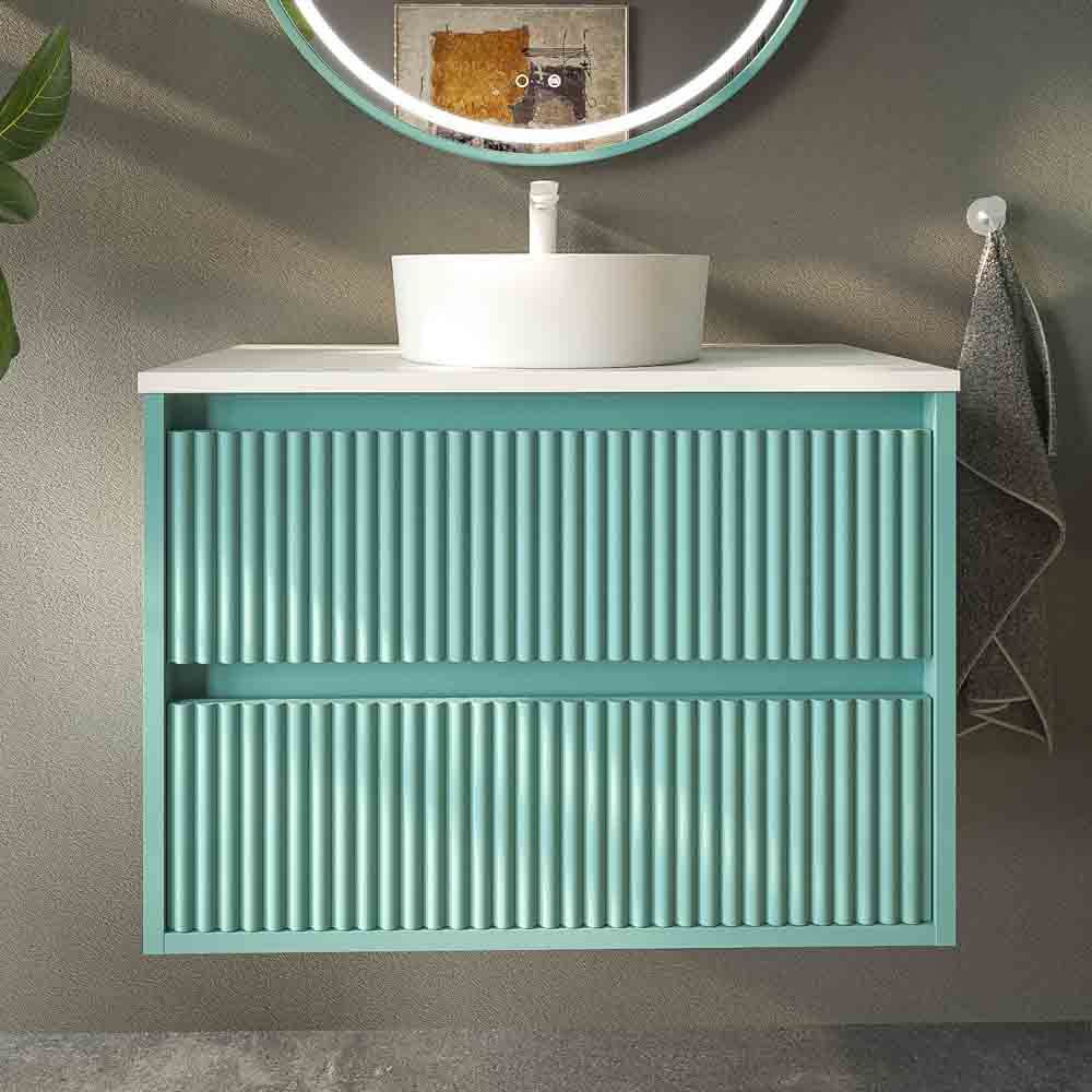 Mueble de baño suspendido 2 cajones MILIA con lavabo Solid Surface VERDE LUMINOSO - Imagen 6