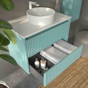 Mueble de baño suspendido 2 cajones MILIA con lavabo Solid Surface VERDE LUMINOSO