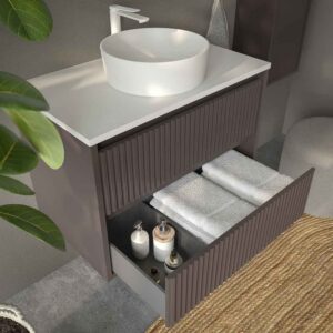 Mueble de baño suspendido 2 cajones MILIA con lavabo Solid Surface MARRON