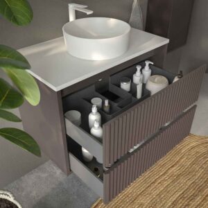 Mueble de baño suspendido 2 cajones MILIA con lavabo Solid Surface MARRON