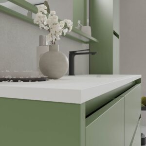 Mueble de baño suspendido 2 cajones / 1 puerta CLAIRE con lavabo Solid Surface VERDE RESEDA