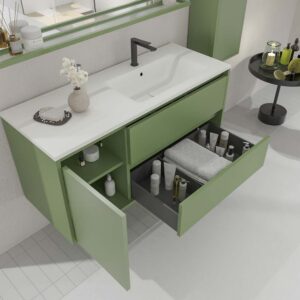 Mueble de baño suspendido 2 cajones / 1 puerta CLAIRE con lavabo Solid Surface VERDE RESEDA