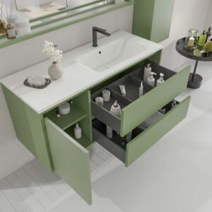 Mueble de baño suspendido 2 cajones / 1 puerta CLAIRE con lavabo Solid Surface VERDE RESEDA