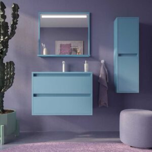 Mueble de baño suspendido 2 cajones CLAIRE con lavabo Solid Surface AZUL PASTEL