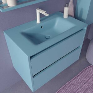 Mueble de baño suspendido 2 cajones CLAIRE con lavabo Solid Surface AZUL PASTEL