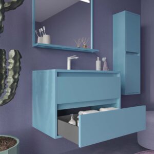Mueble de baño suspendido 2 cajones CLAIRE con lavabo Solid Surface AZUL PASTEL