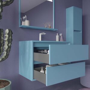 Mueble de baño suspendido 2 cajones CLAIRE con lavabo Solid Surface AZUL PASTEL